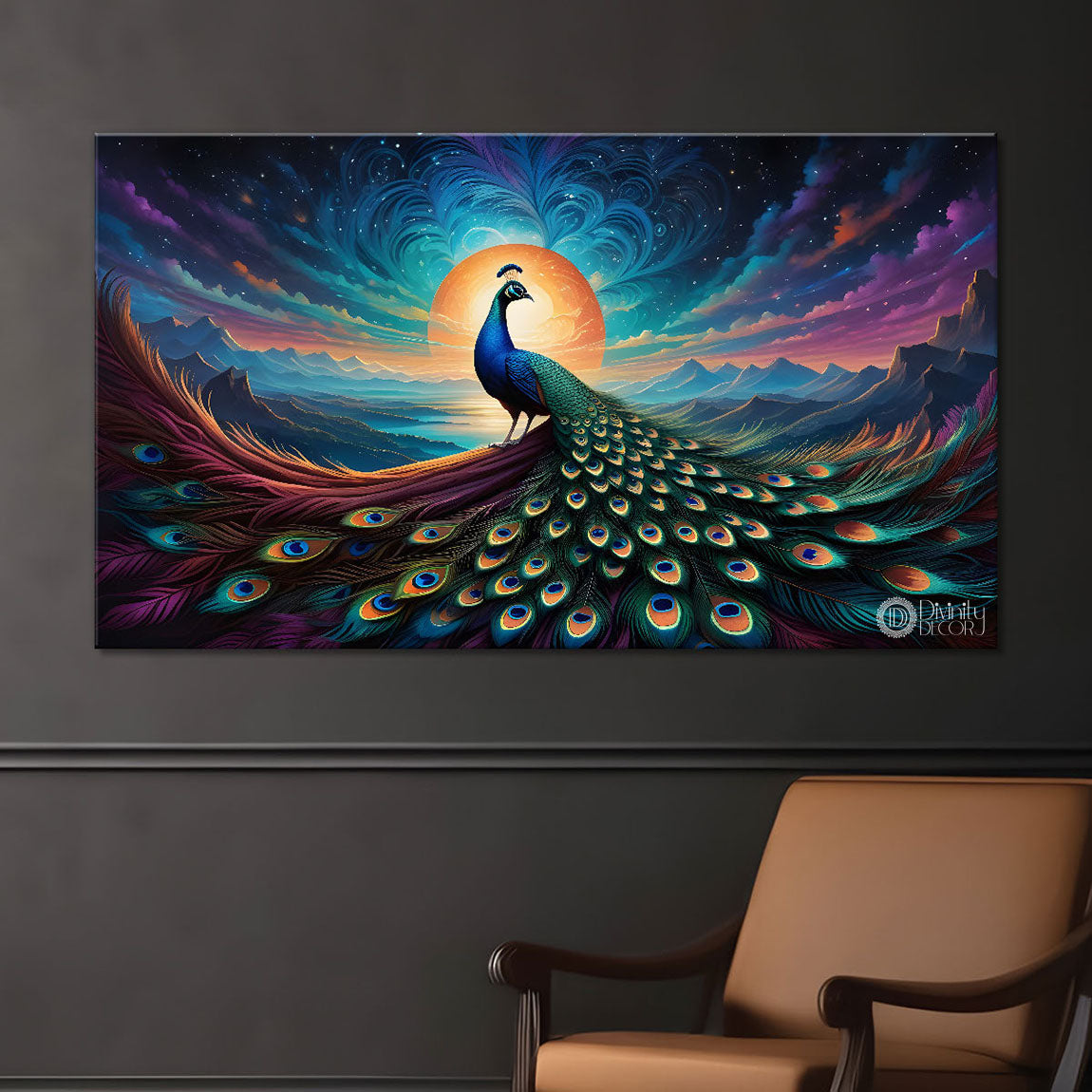 Peacock on the branch with blue background modern art Canvas Painting - Design - Peacock-55