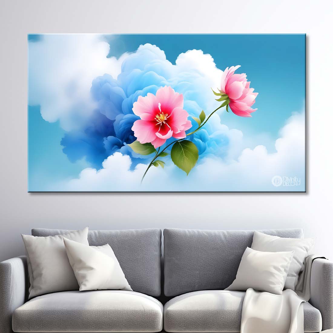 Pink flowers with blue background canvas painting- Flower-550