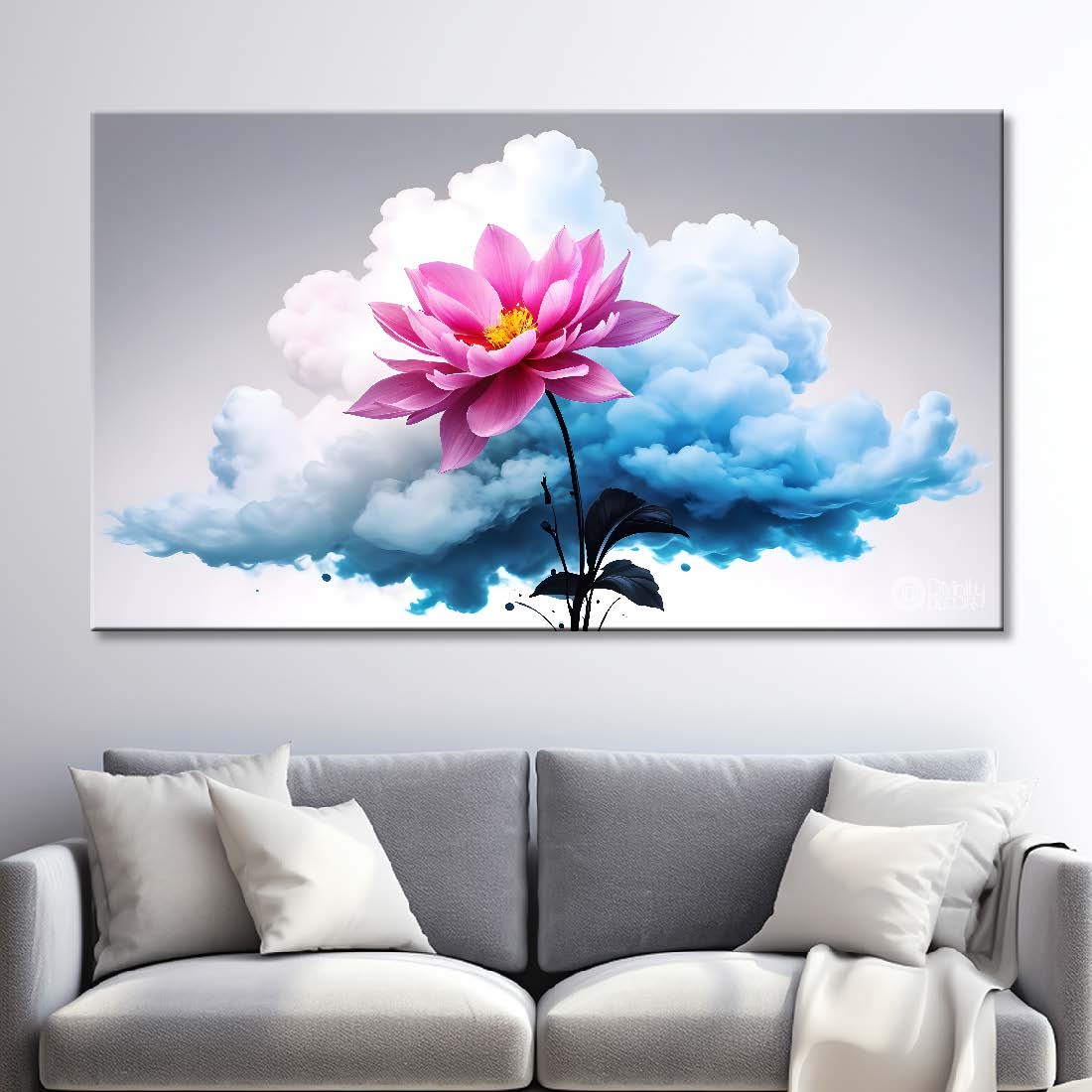 Pink flowers with blue background canvas painting- Flower-551