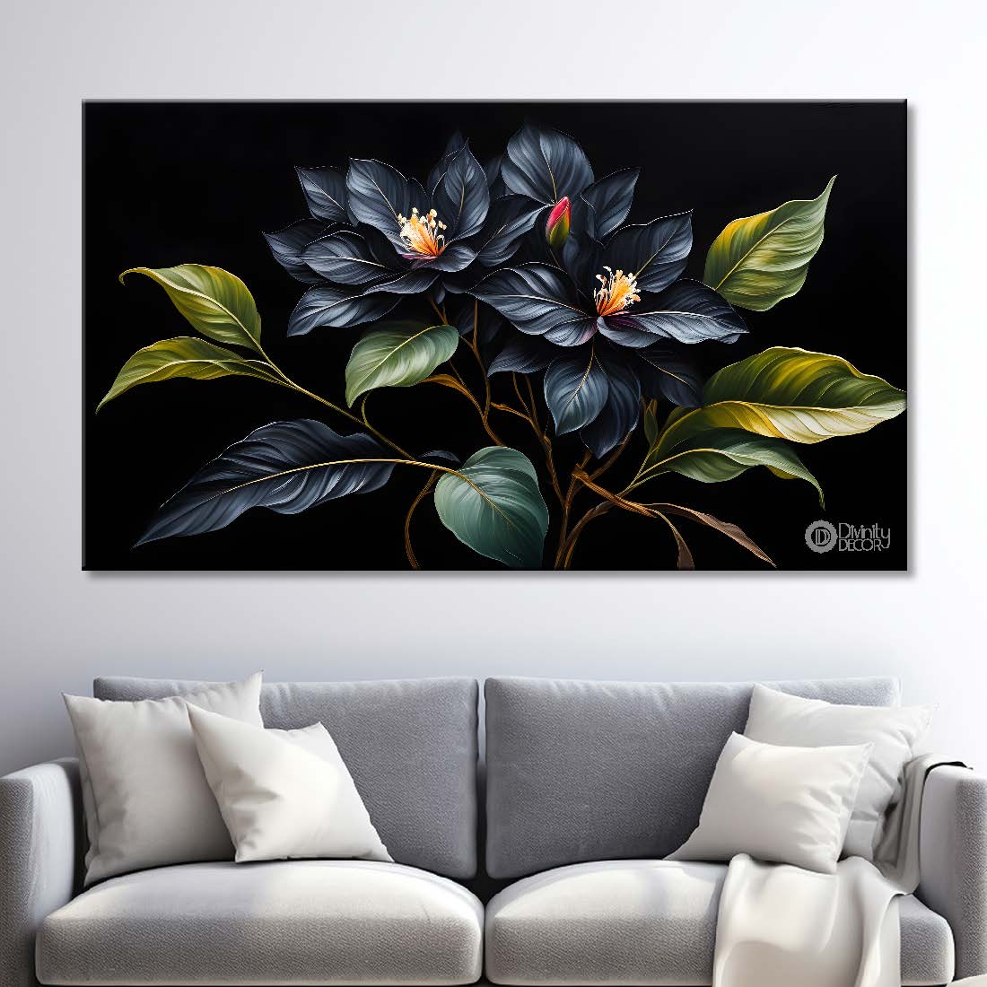 Navy blue flowers in black background canvas painting- Flower-553