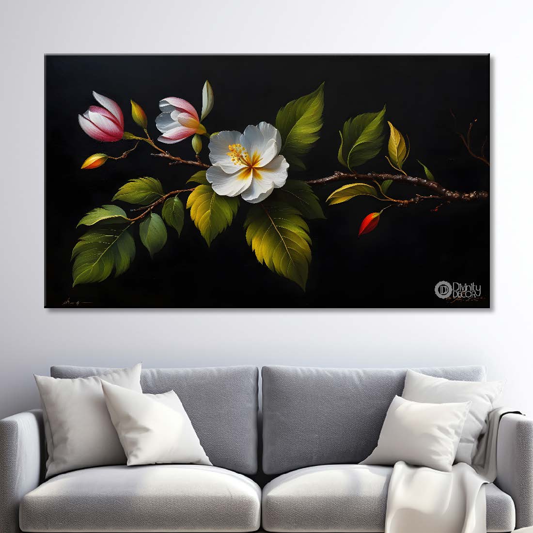 White and pink flowers in sea green background canvas painting- Flower-554