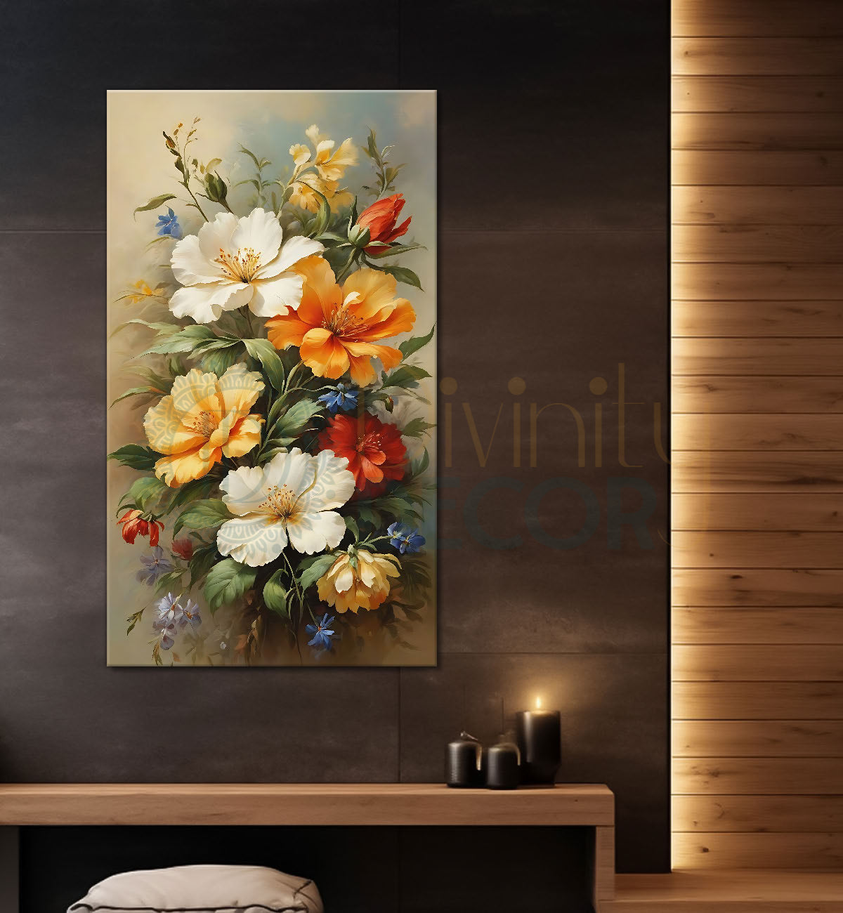 White and orange flowers in grey textured art  - Flower-V-555