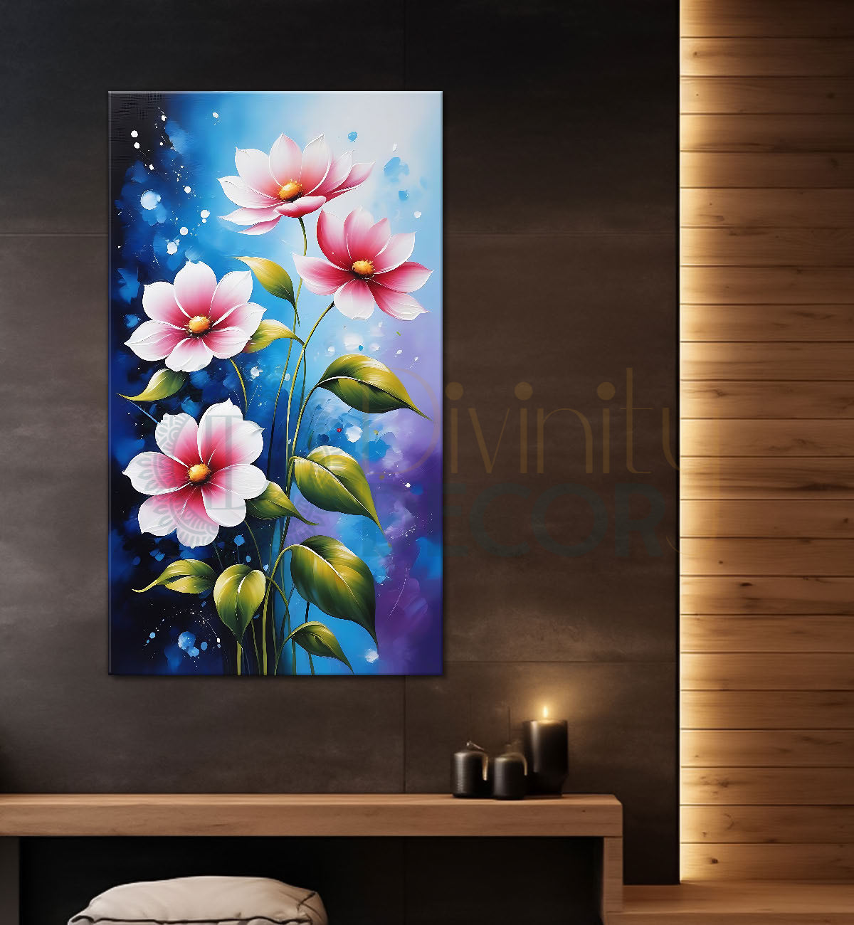 Pink flowers in blue textured painting  - Flower-V-556