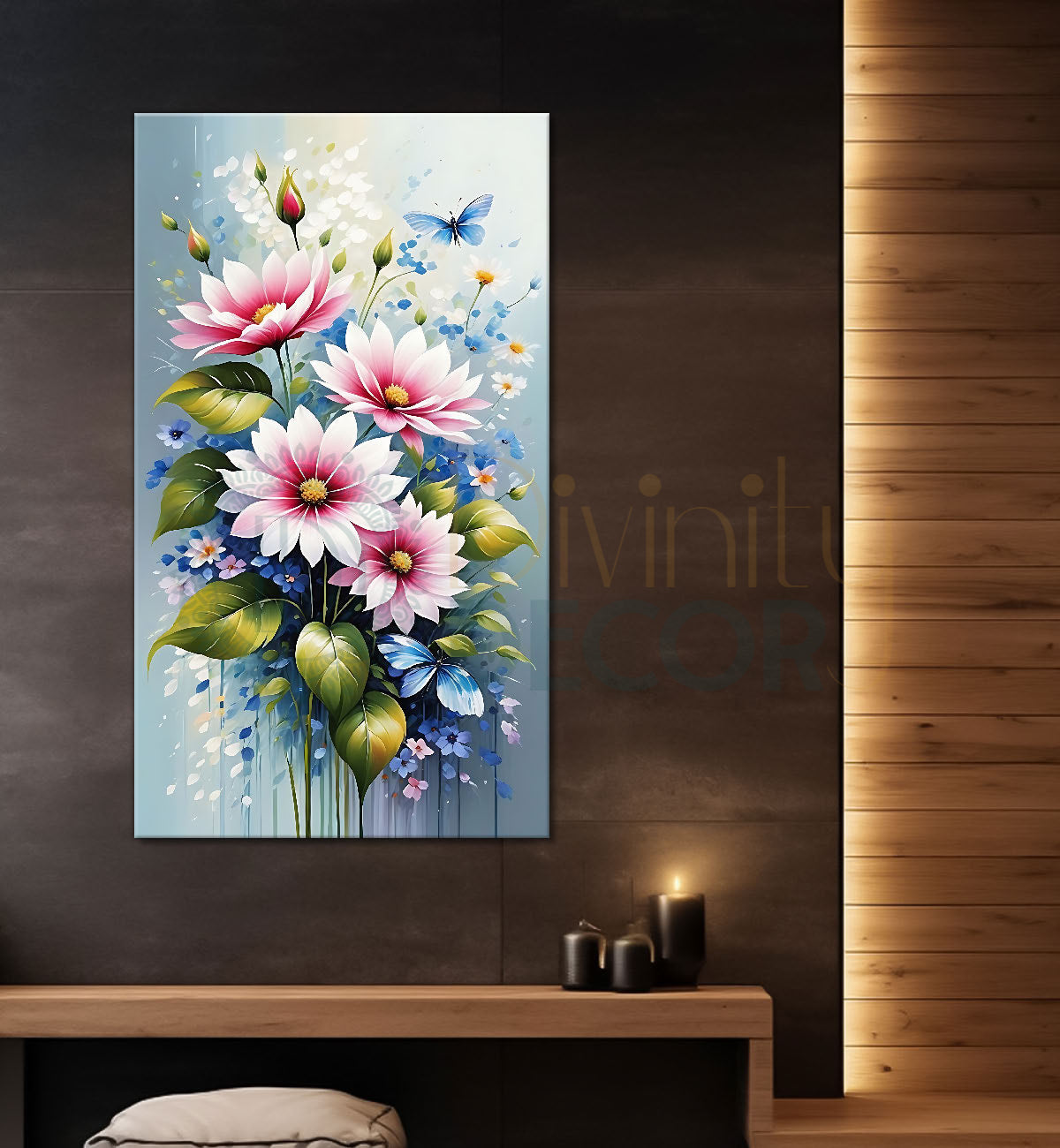 Pink flowers in grey textured painting- Flower-V-558