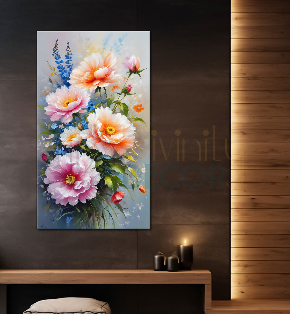 Pink flowers in grey textured painting- Flower-V-559