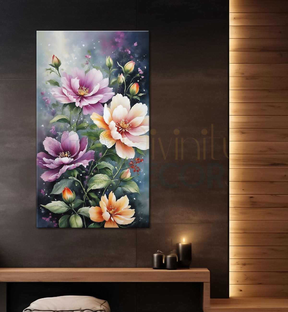 Purple and white flowers in grey textured painting- Flower-V-560