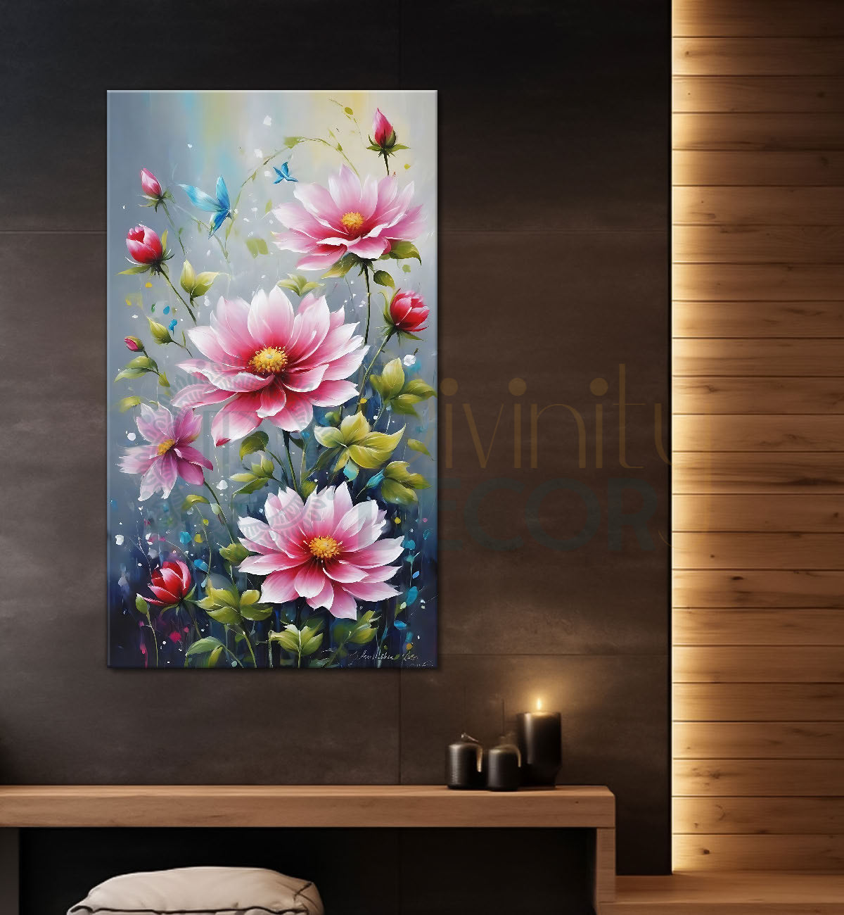 Pink flowers in grey textured painting- Flower-V-564