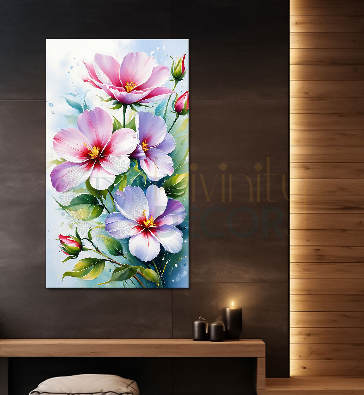 Pink flowers in blue textured painting- Flower-V-565