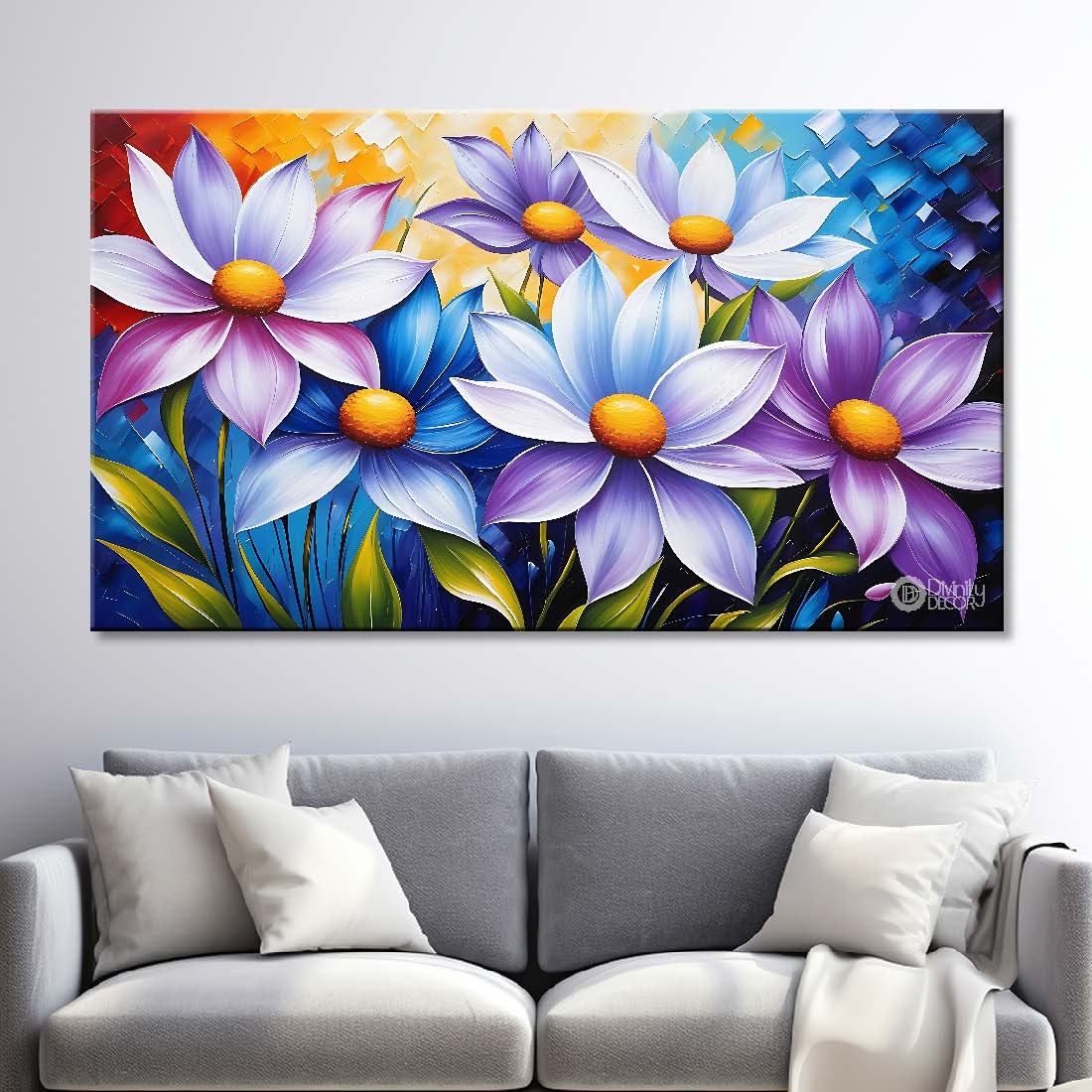 Blue and purple in blue background canvas painting- Flower-566