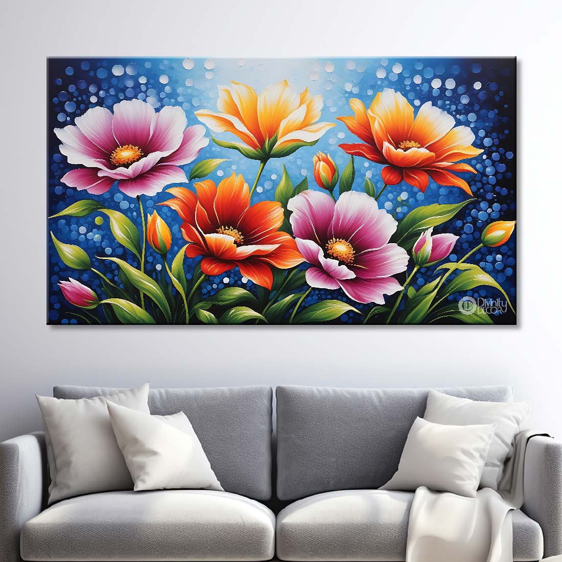 Colorful flowers in blue background canvas painting- Flower-567