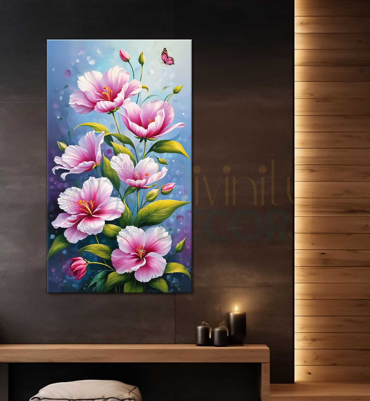 Pink flowers in blue textured painting - Flower-V-568