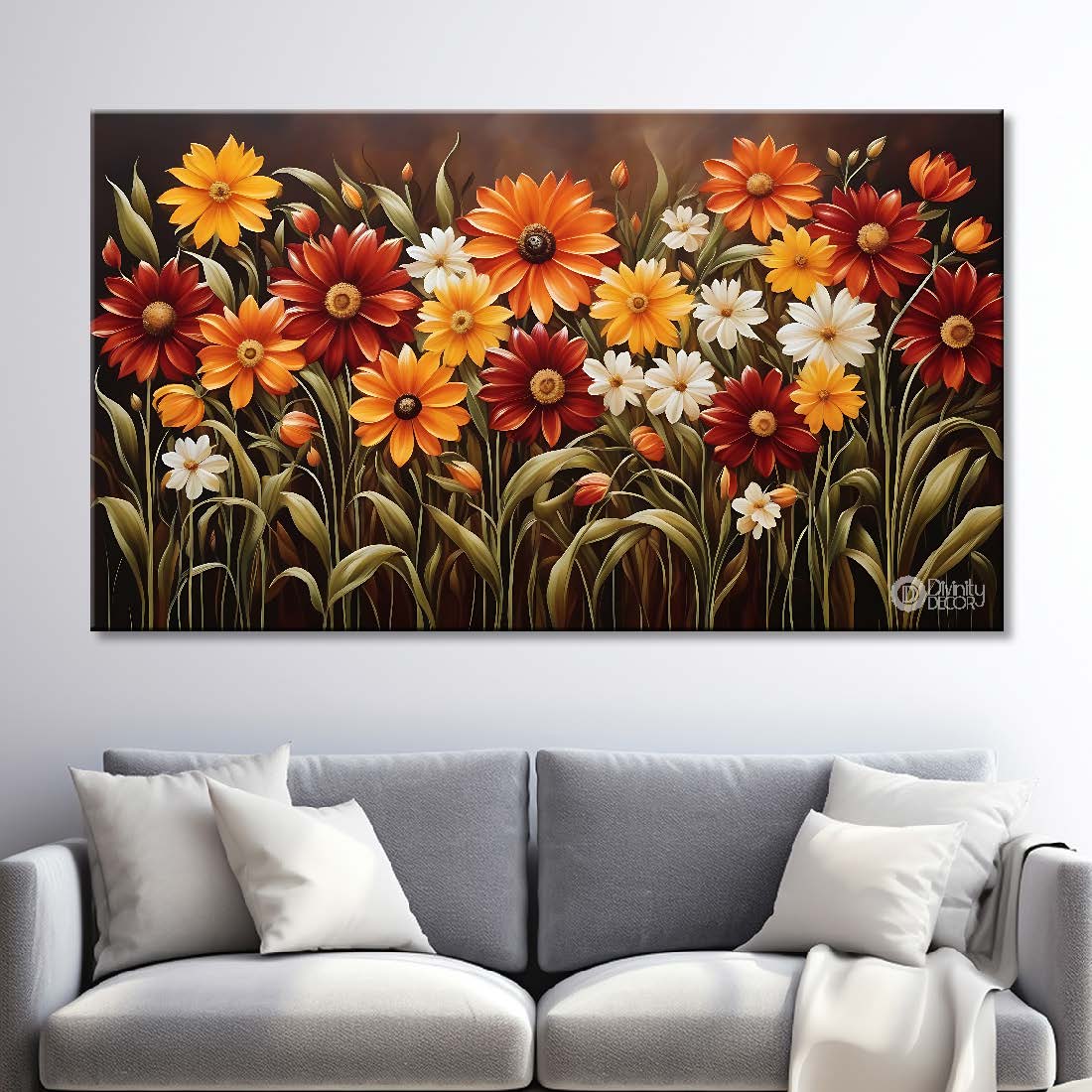 Orange and red in brown background canvas painting- Flower-569