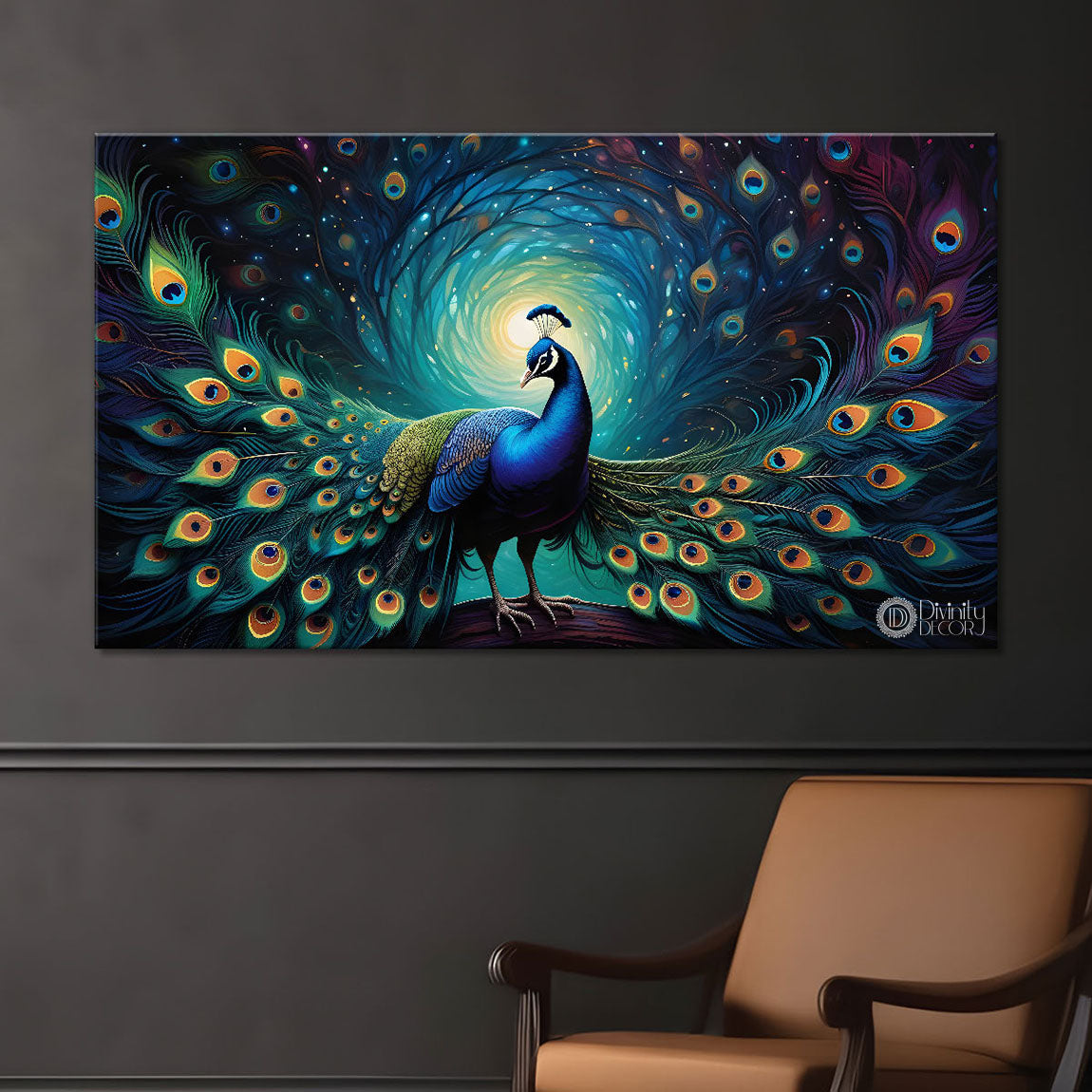 Peacock in bright green colors oil painting Canvas Painting - Design - Peacock-57