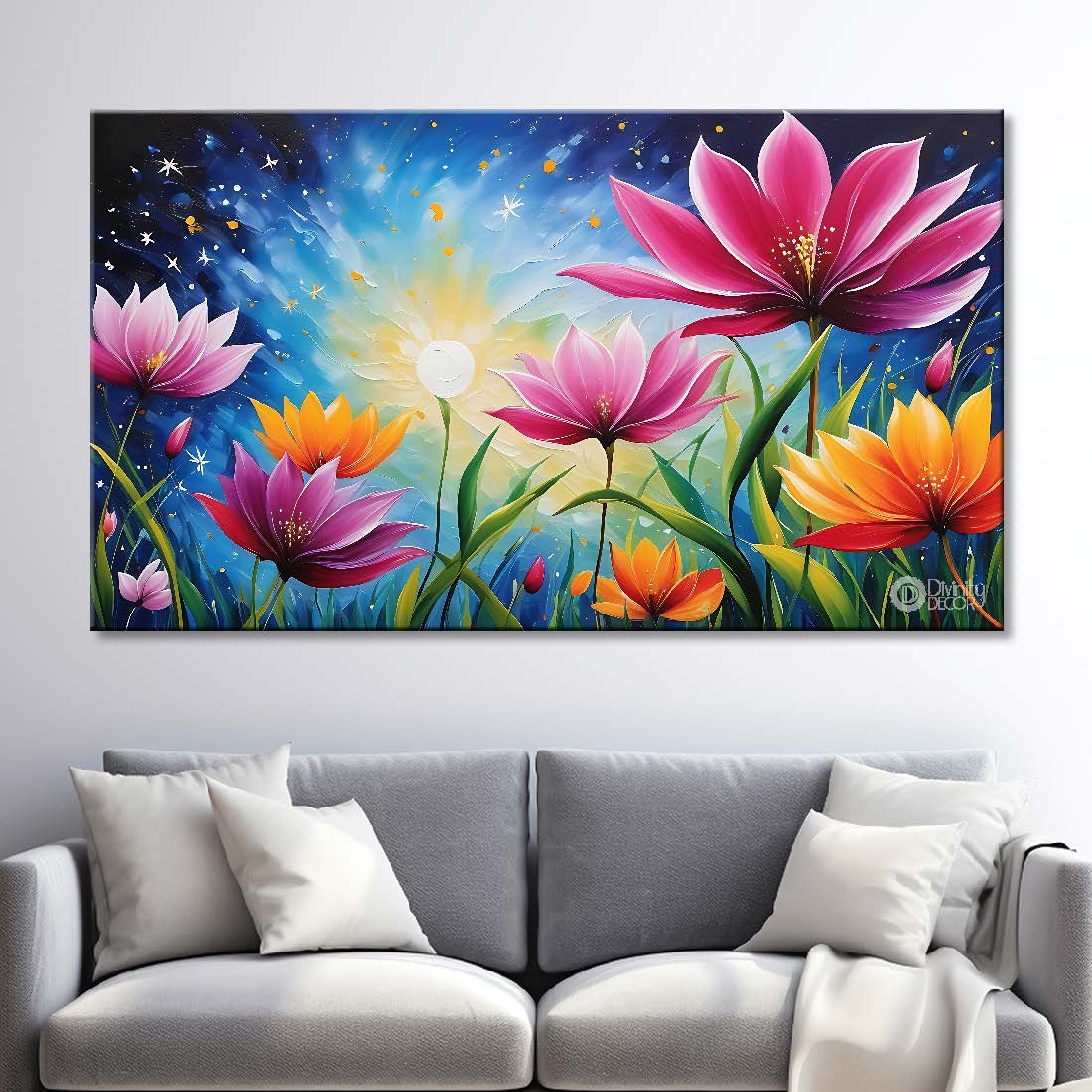 Pink flowers in blue background canvas painting- Flower-571