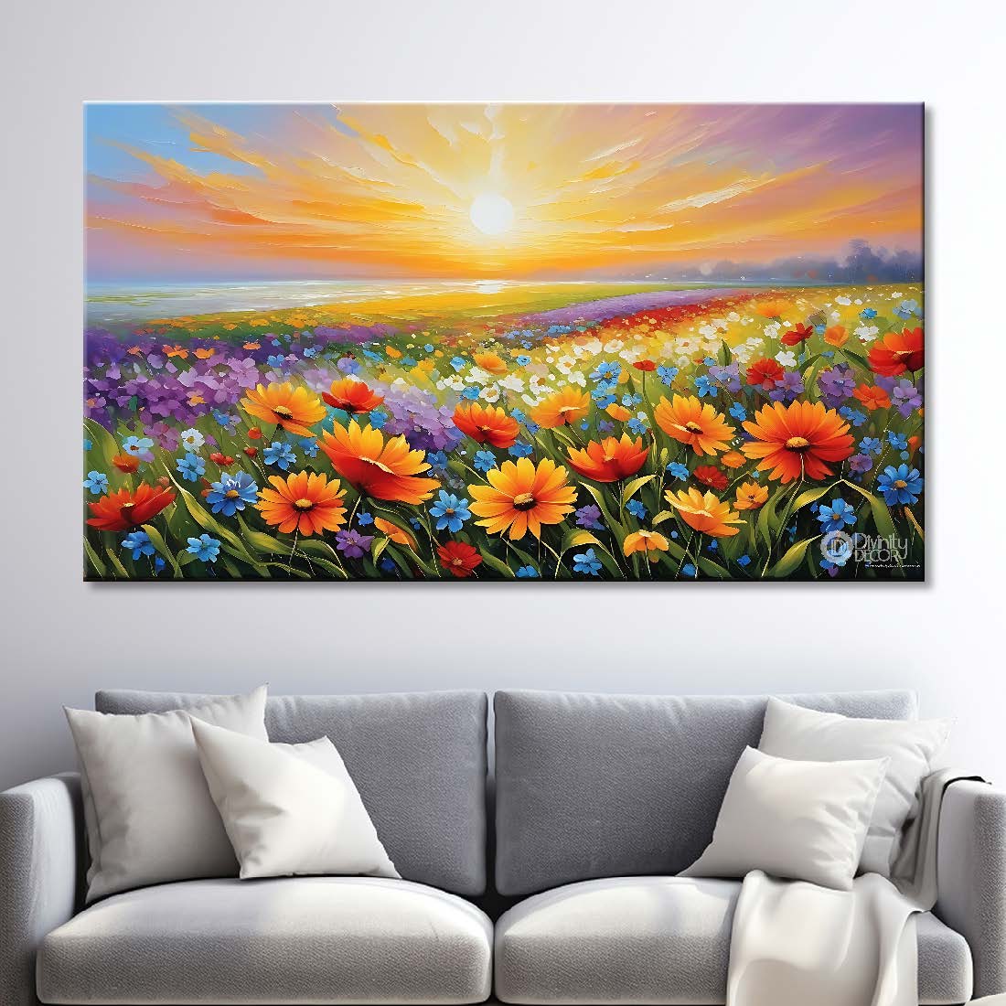 Orange flowers land with lake and sun textured painting canvas painting- Flower-572
