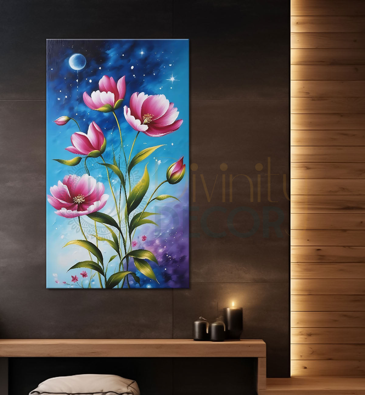 Pink flowers in blue textured painting- Flower-V-574