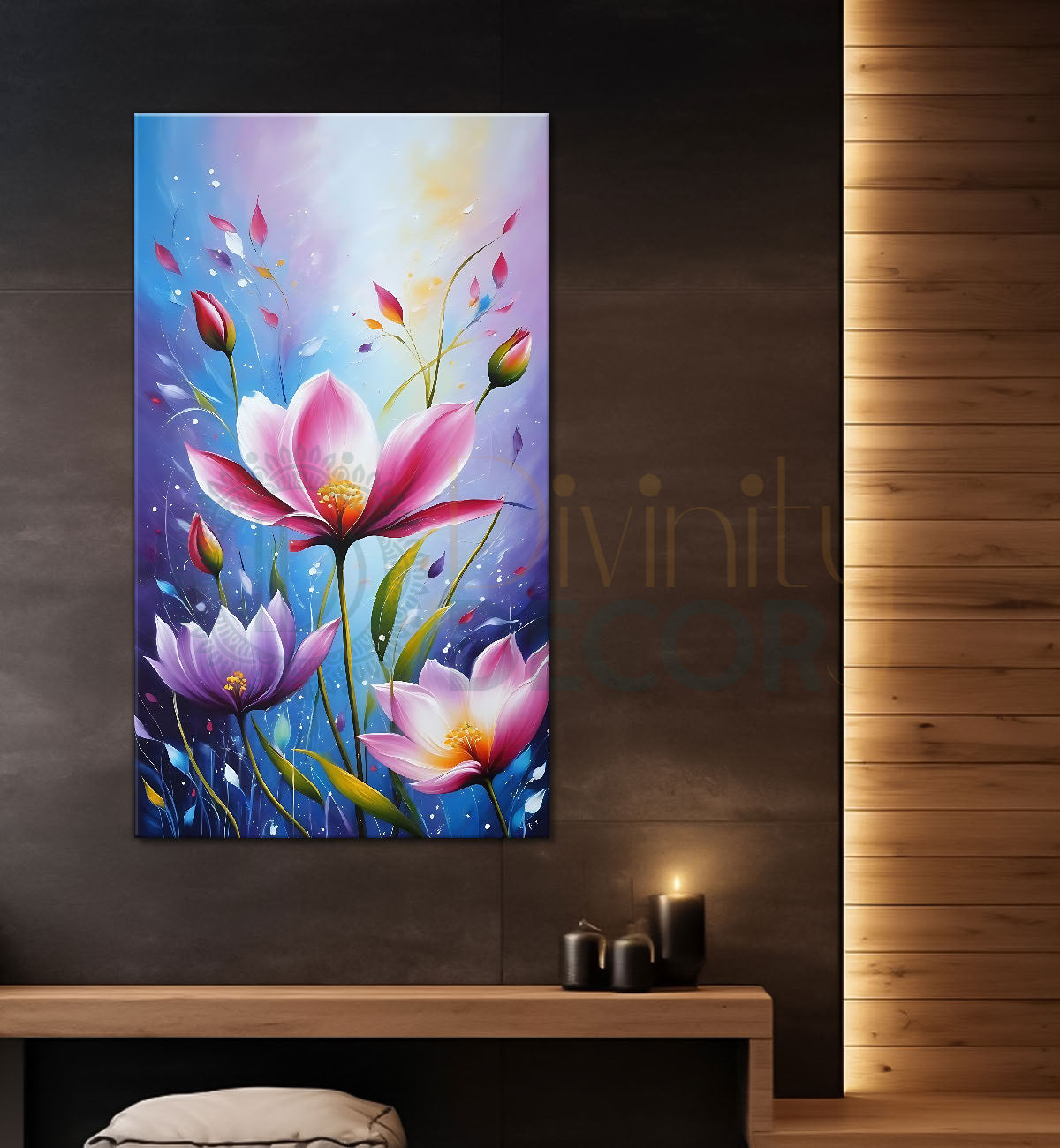 Pink flowers in blue textured painting- Flower-V-575