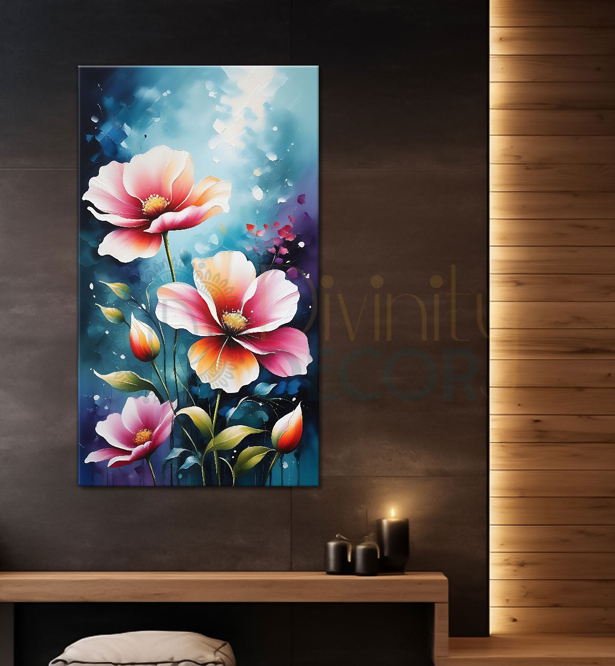 Pink flowers in blue textured painting - Flower-V-579