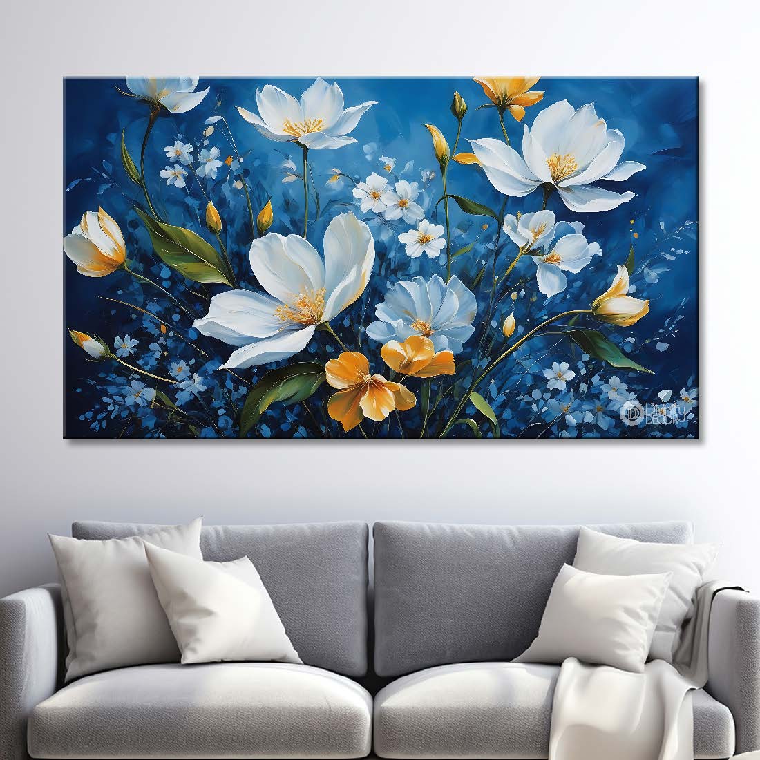 White flowers in blue background canvas painting- Flower-580