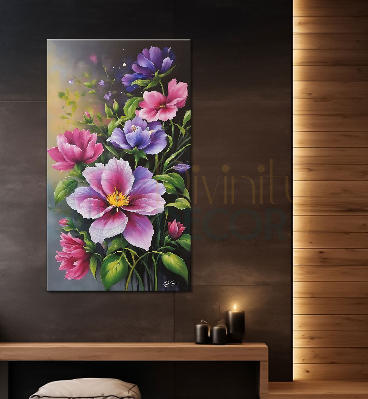 Pink flowers in grey textured painting - Flower-V-583