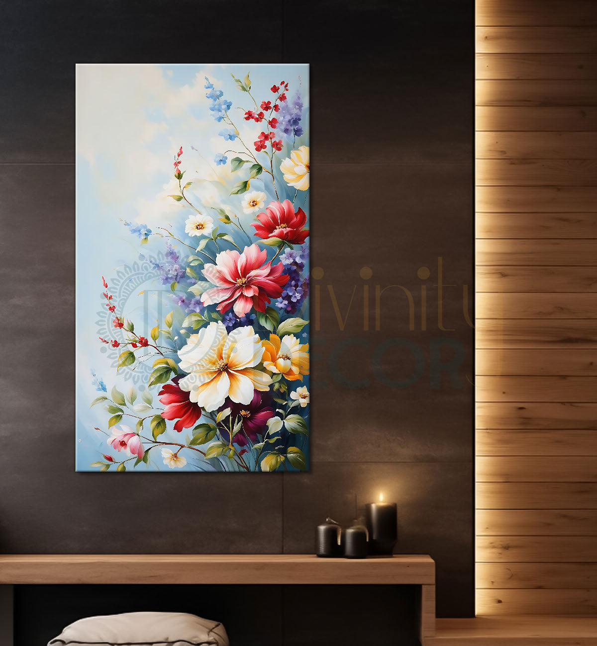 Colourful flowers in sky blue textured art  - Flower-V-584