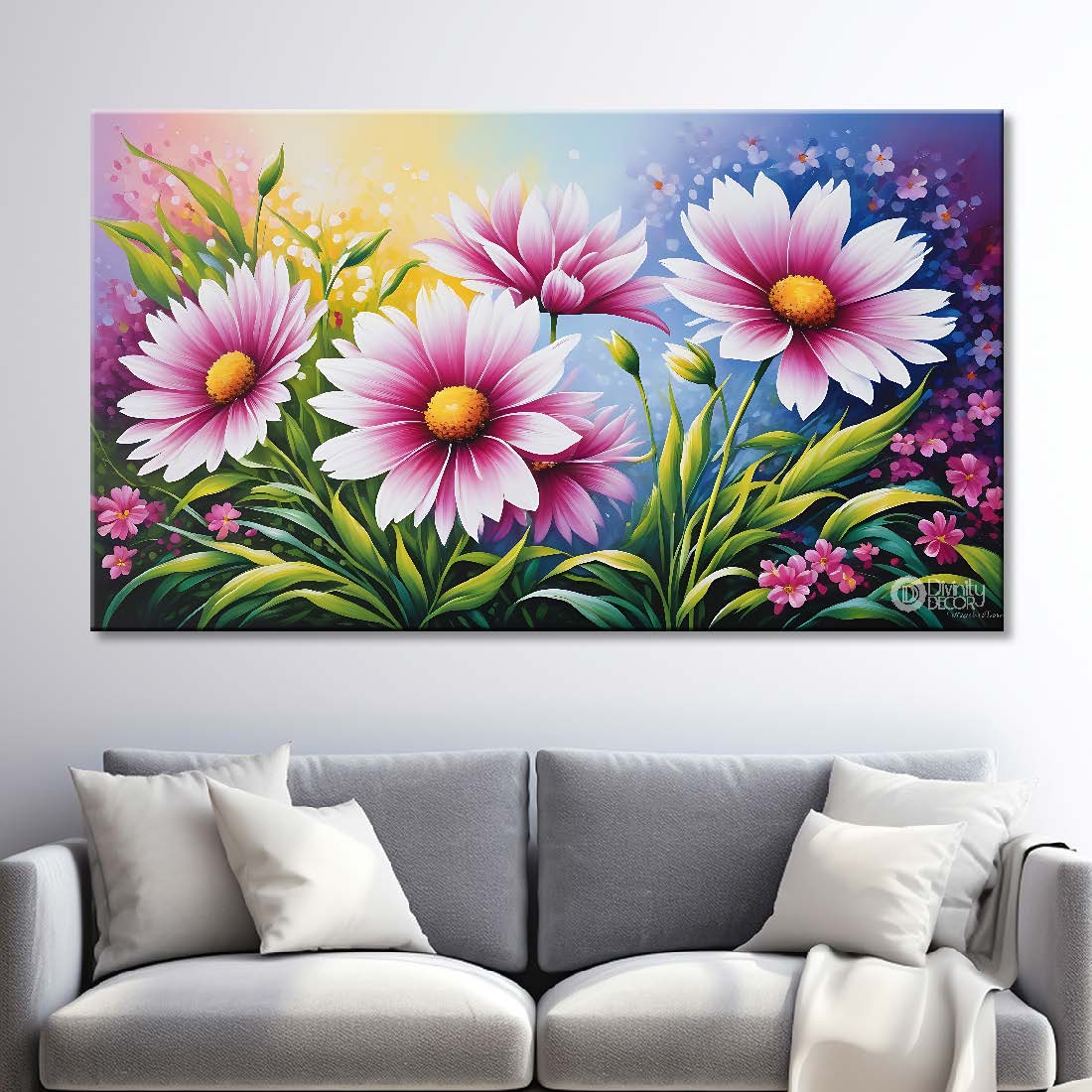 Purple flowers in blue background canvas painting- Flower-586