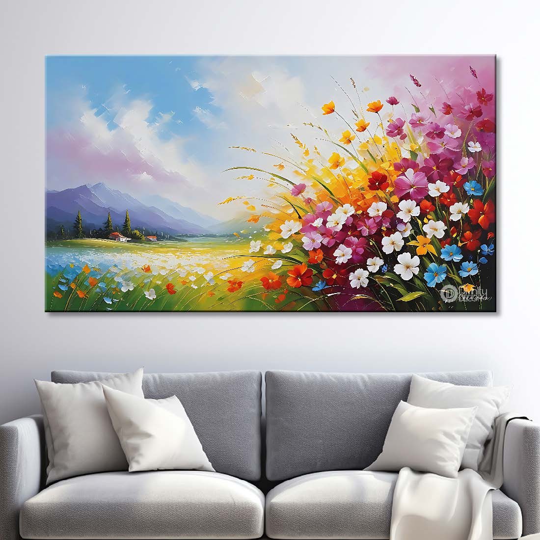Colorful flowers land with mountains and beautiful sky textured painting canvas painting- Flower-588