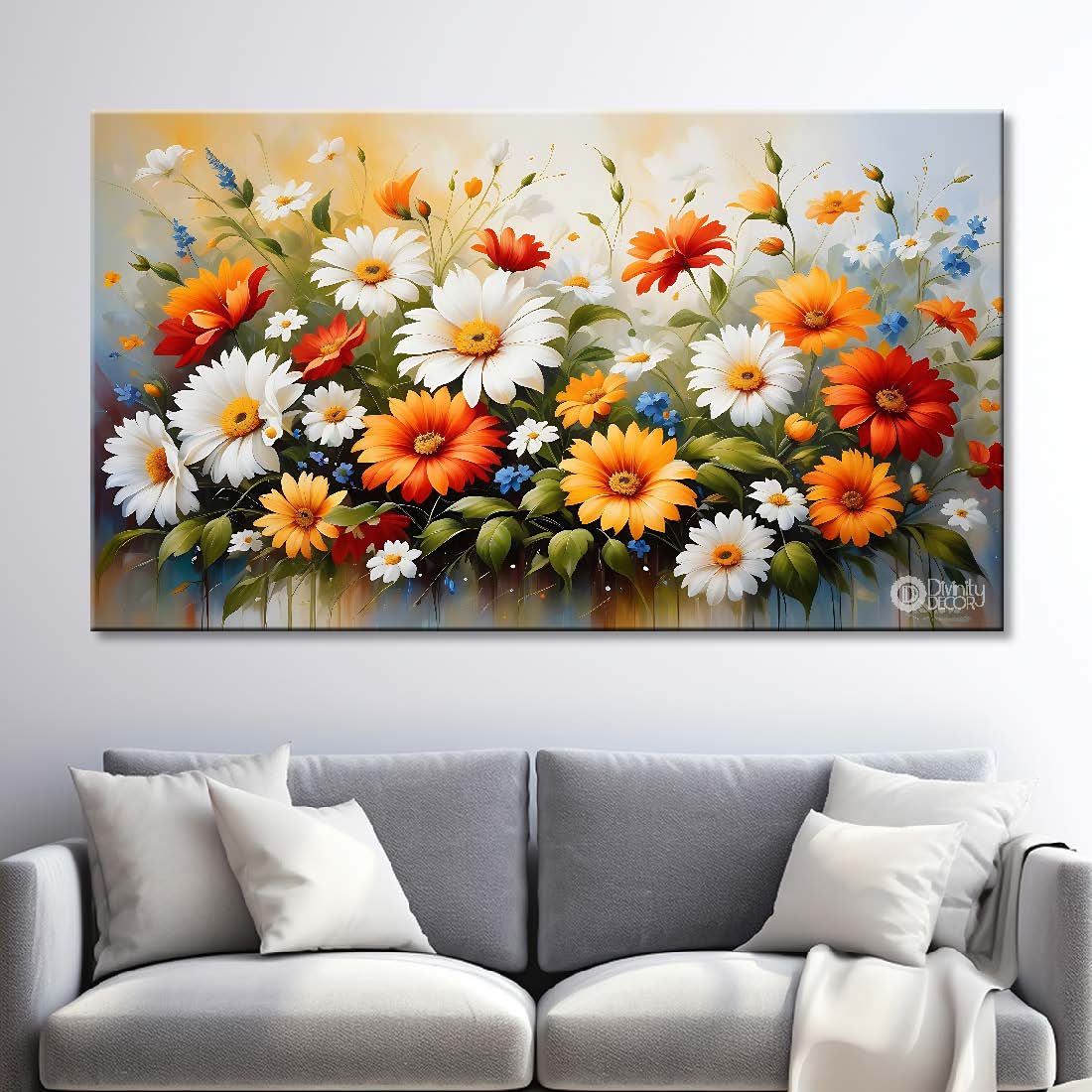 White and orange flowers in light background canvas painting- Flower-591