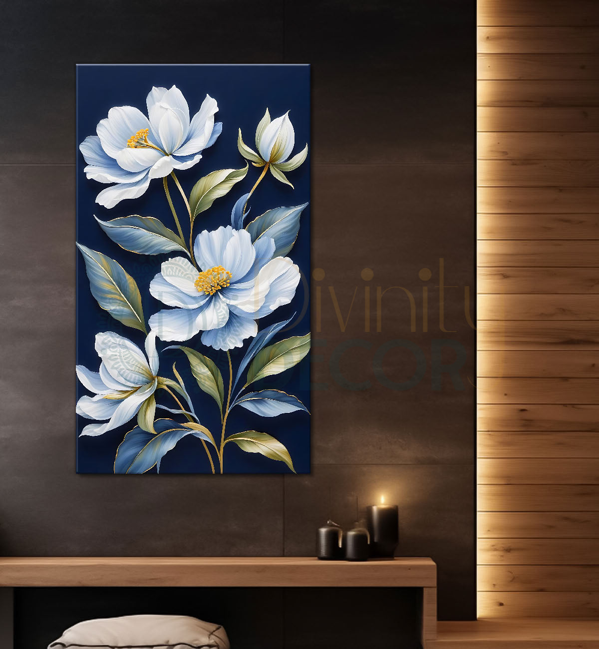 White flowers in blue textured painting- Flower-V-591