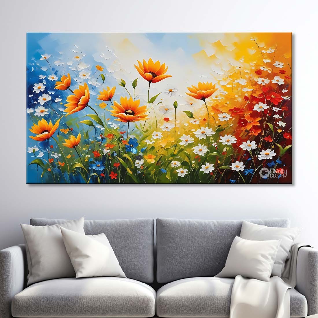 Orange flowers in blue background canvas painting- Flower-592