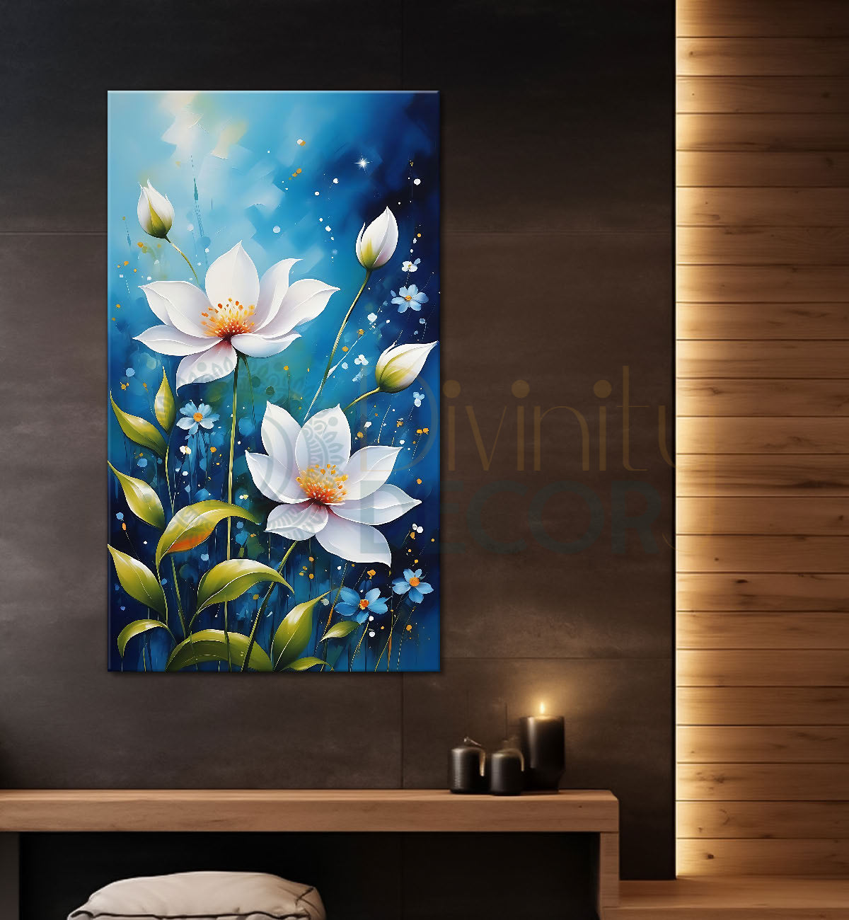White flowers in blue textured painting- Flower-V-592