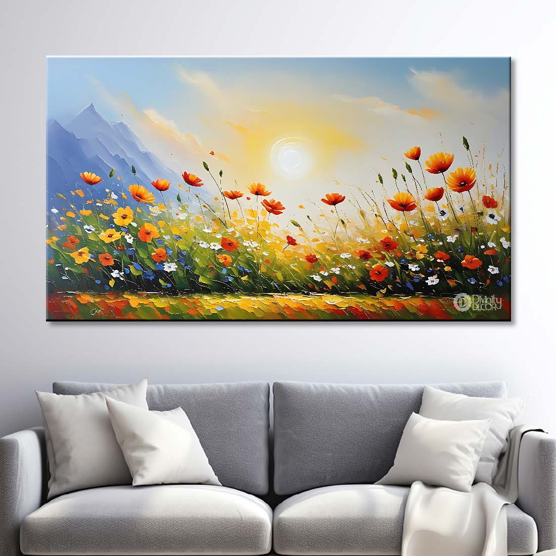 Orange flowers in blue background canvas painting- Flower-594