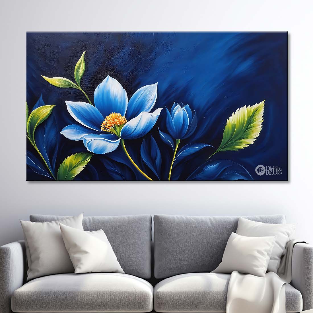 Blue flower in navy blue background canvas painting- Flower-596