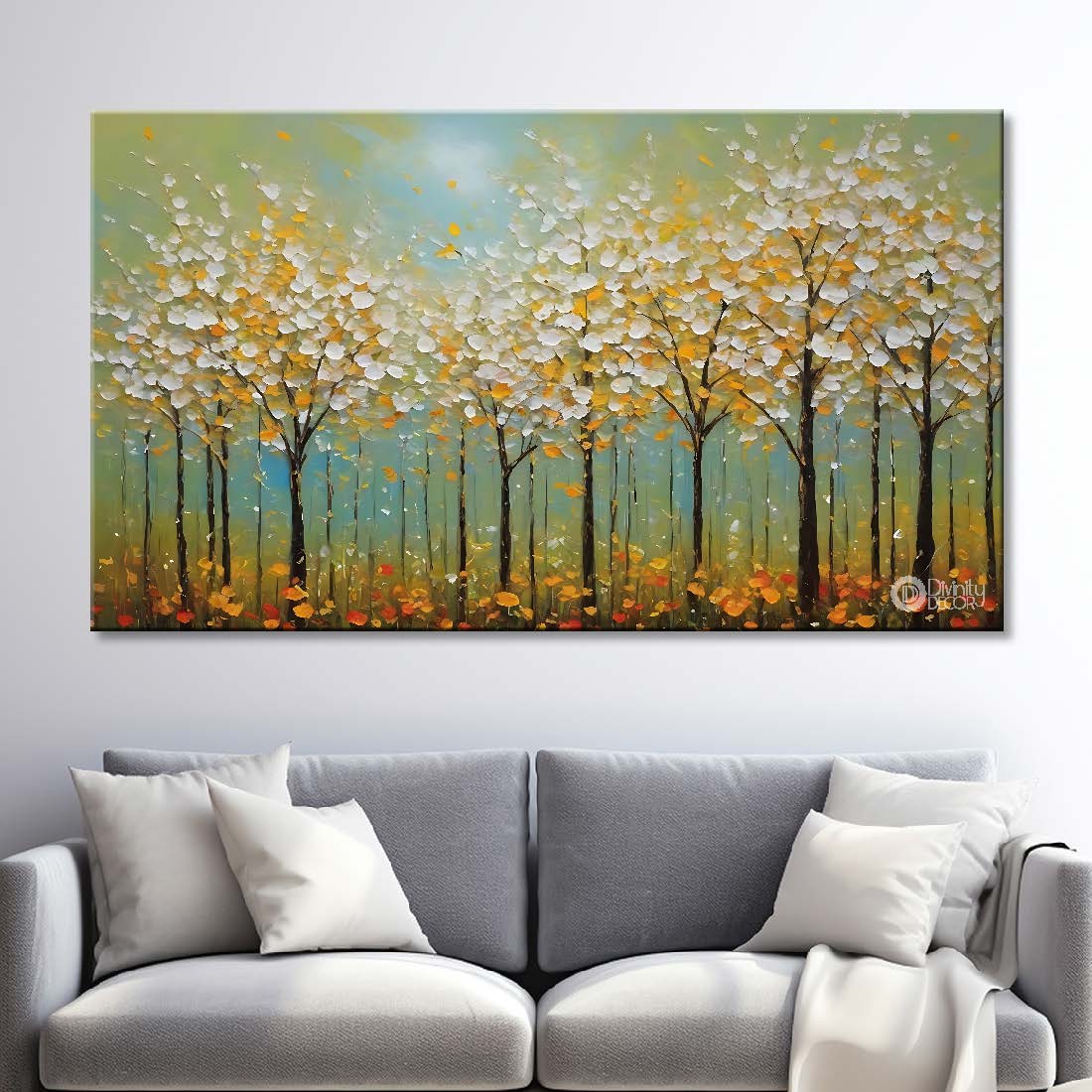 White flowers trees in green background canvas painting- Flower-597