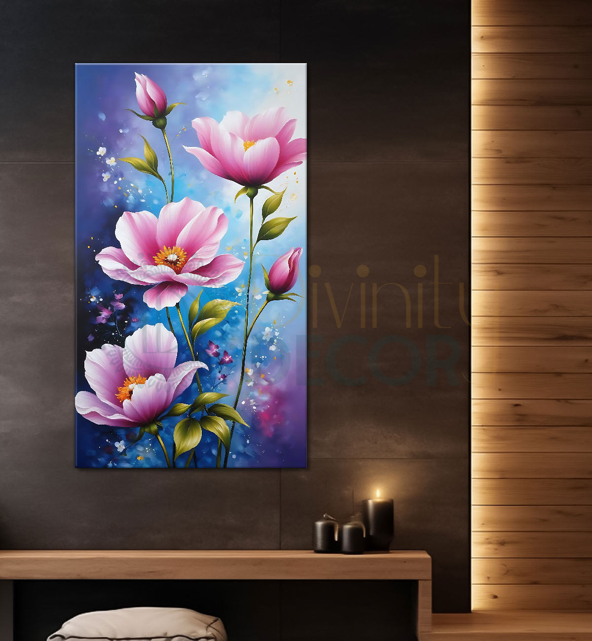 Pink flowers in blue textured painting- Flower-V-598