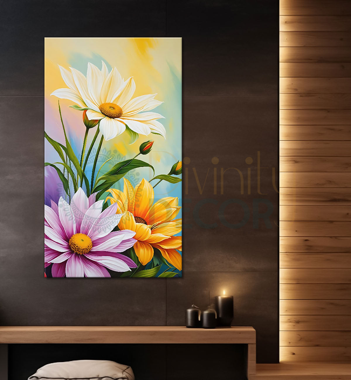 Pink and yellow flowers in colourful textured background - Flower-V-600