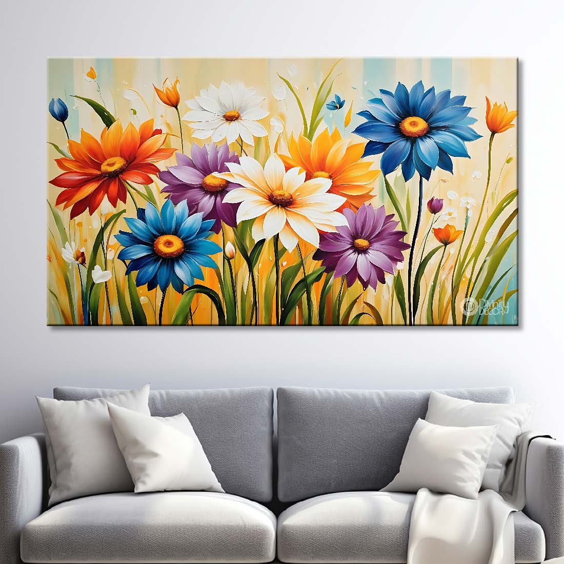 Colorful flowers in light background canvas painting- Flower-602