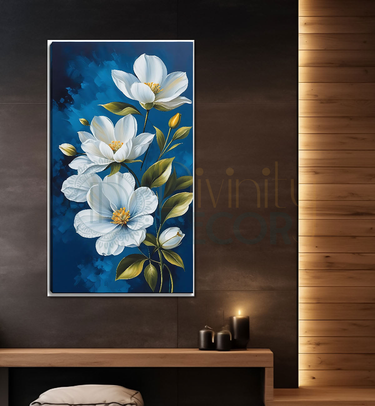 White flowers in blue textured painting - Flower-V-602