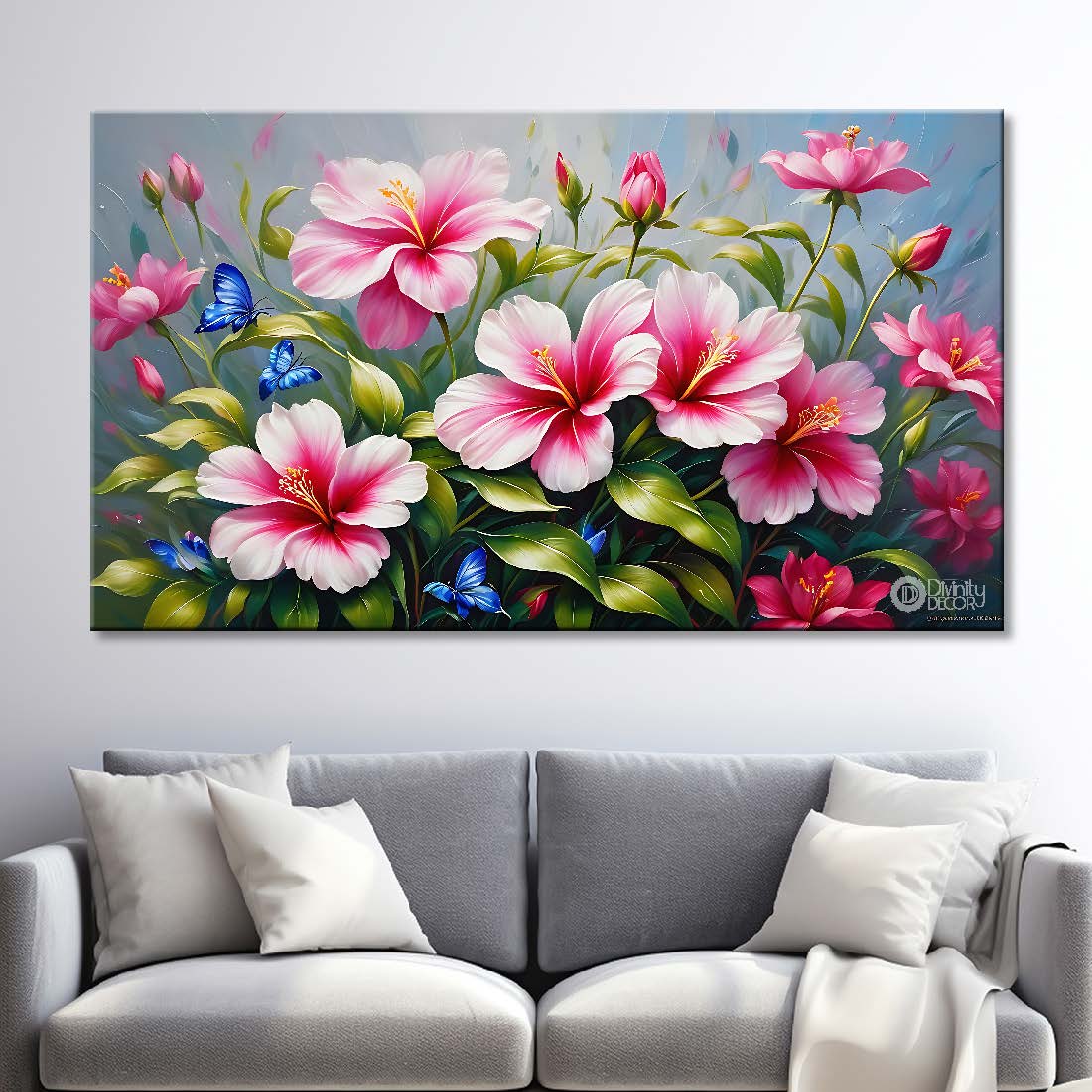 Pink flowers in grey background canvas painting- Flower-607