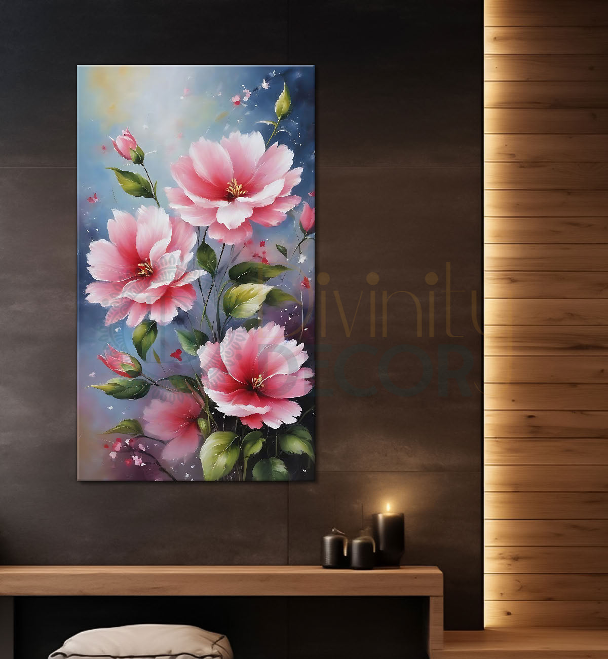 Pink flowers in grey textured painting- Flower-V-609