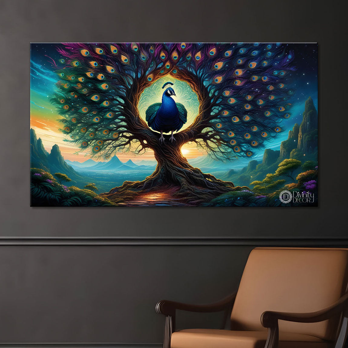 Peacock in bright green colors oil painting Canvas Painting - Design - Peacock-61