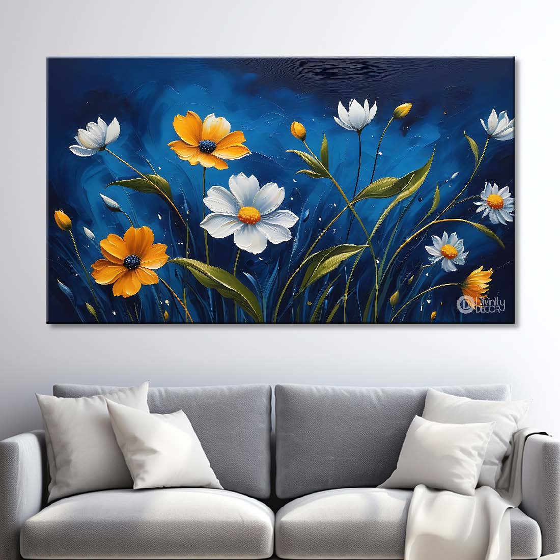 White and yellow flowers in navy blue background canvas painting- Flower-610