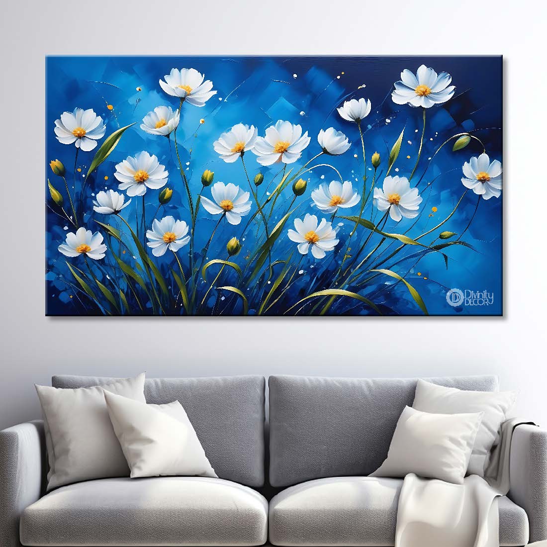 White flowers in blue background canvas painting- Flower-612