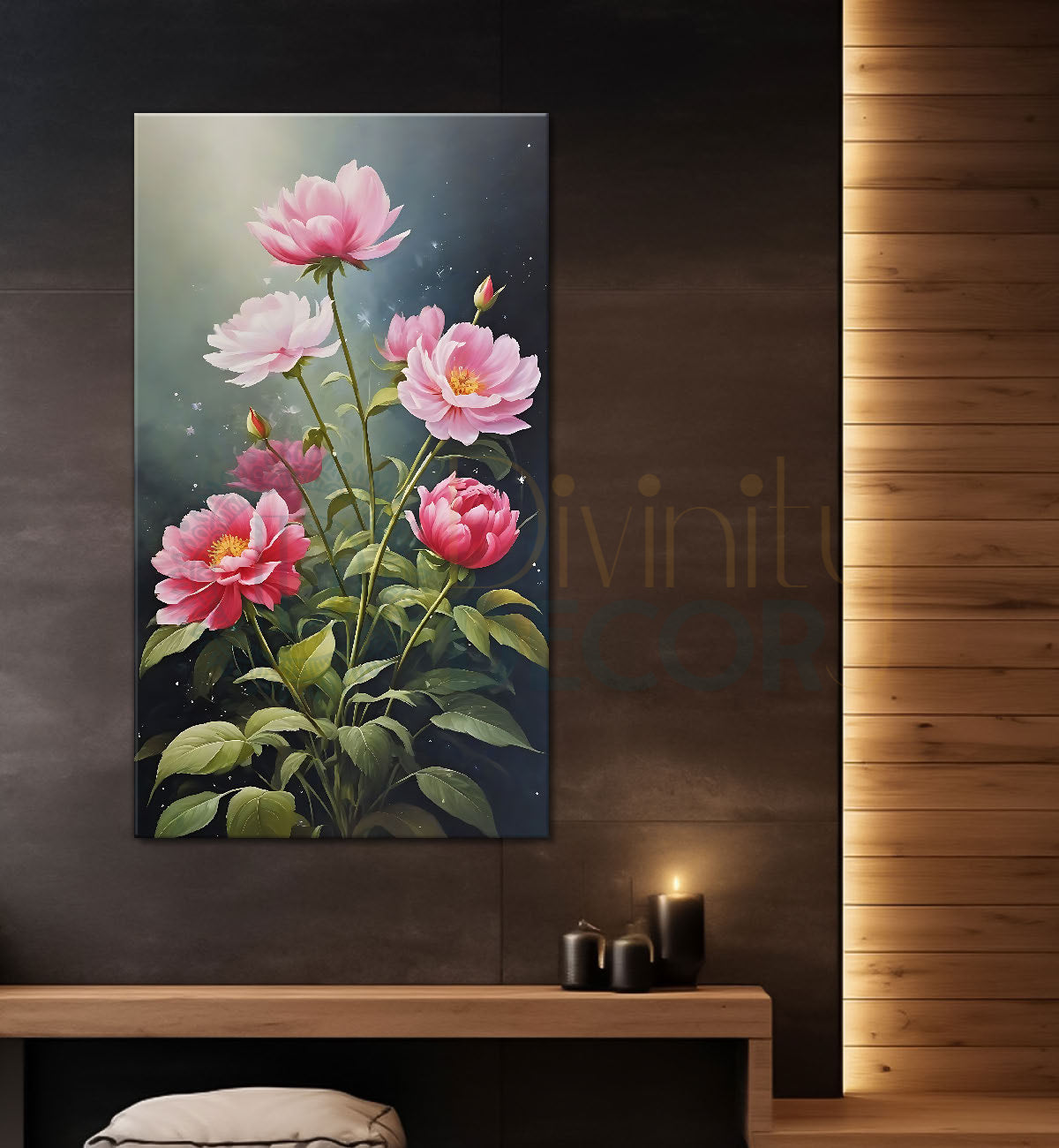 Pink flowers in grey textured painting- Flower-V-613