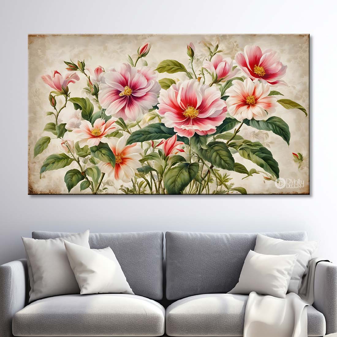 Pink flowers in light background canvas painting- Flower-614