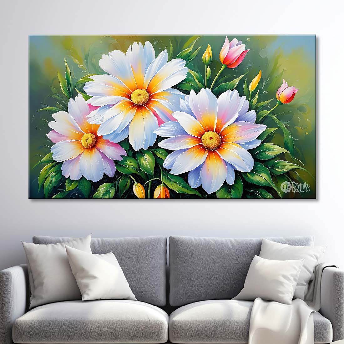 White flowers with green background canvas painting- Flower-615
