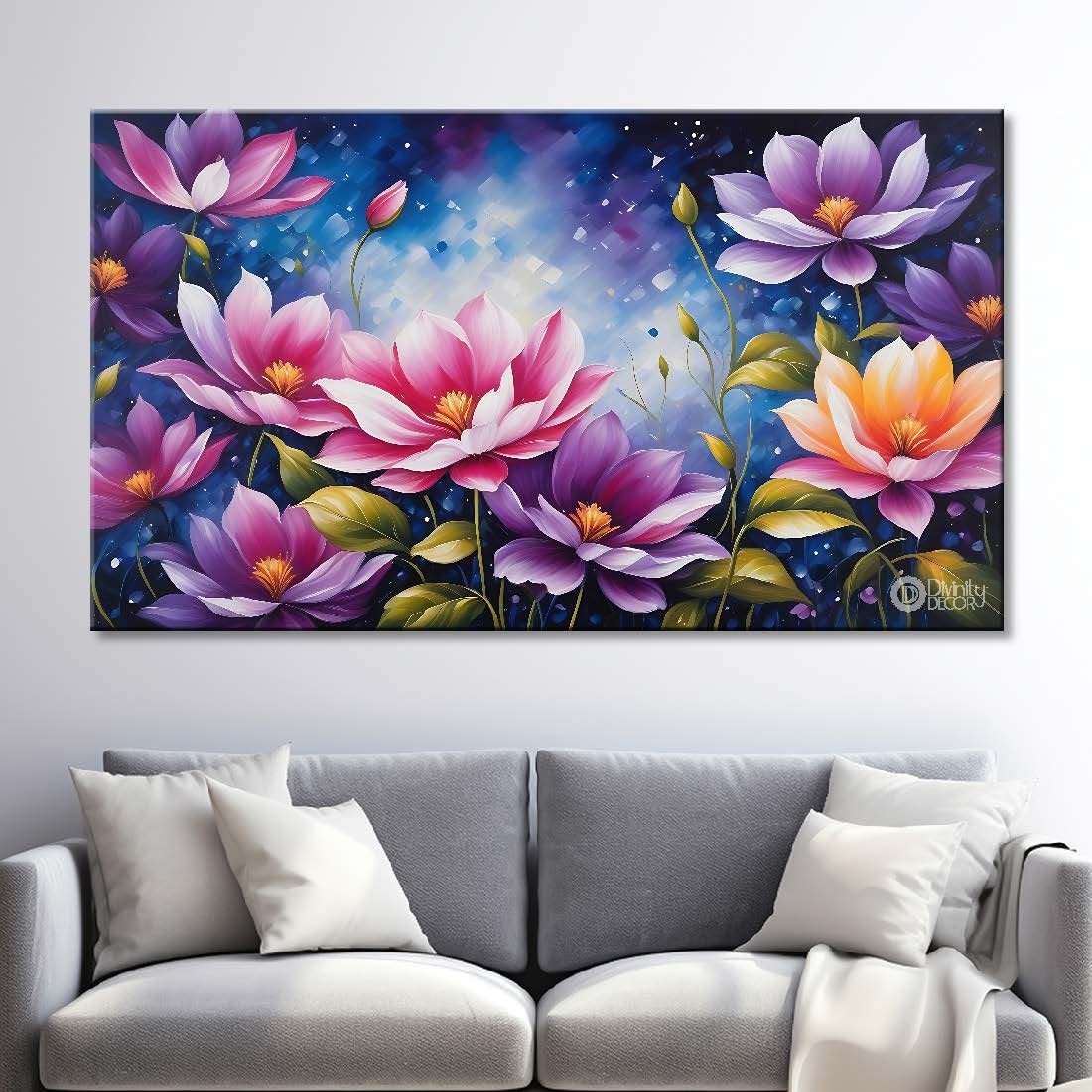 Pink flowers in blue background canvas painting- Flower-616