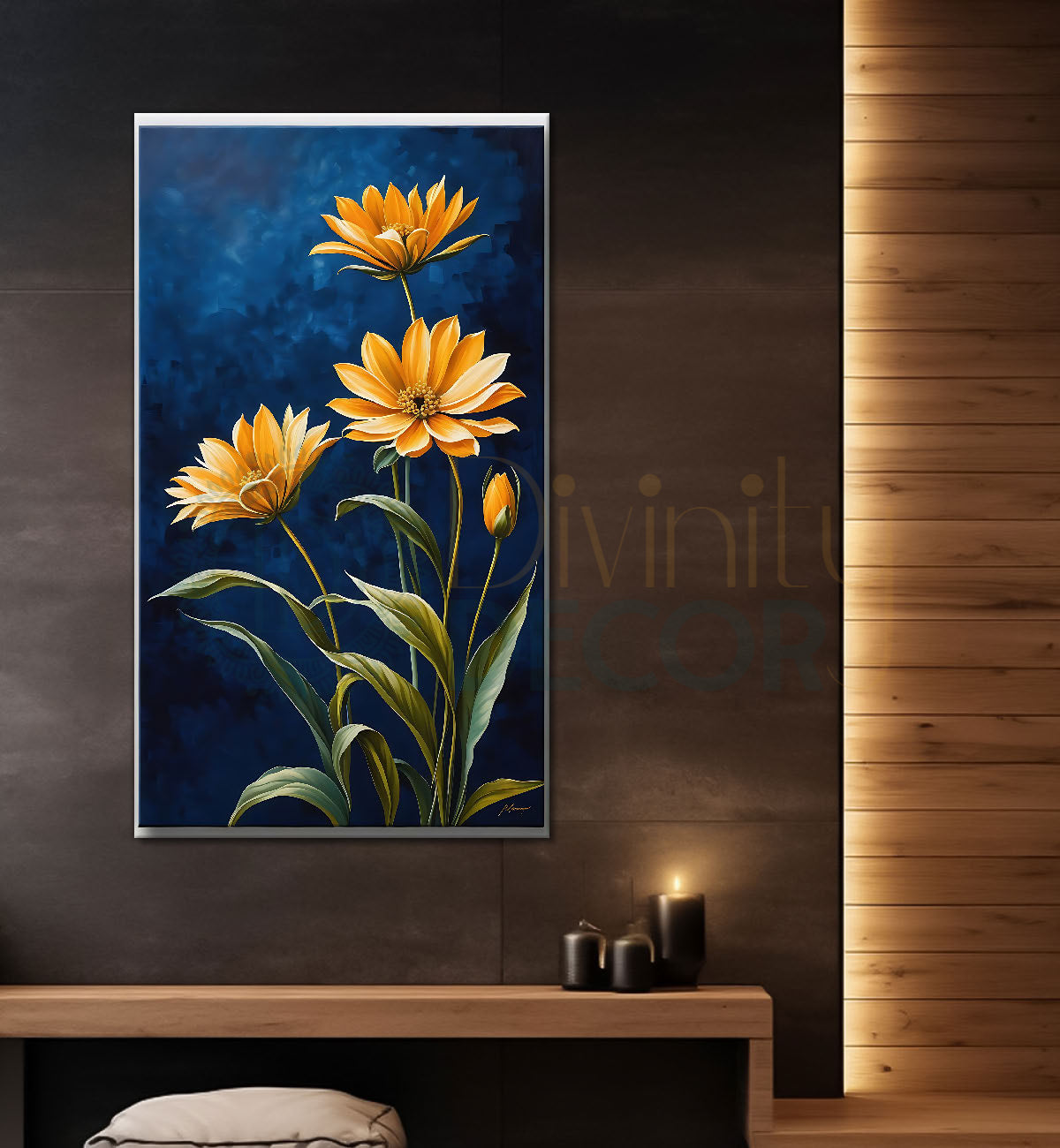 Yellow flowers in navy blue textured painting - Flower-V-616