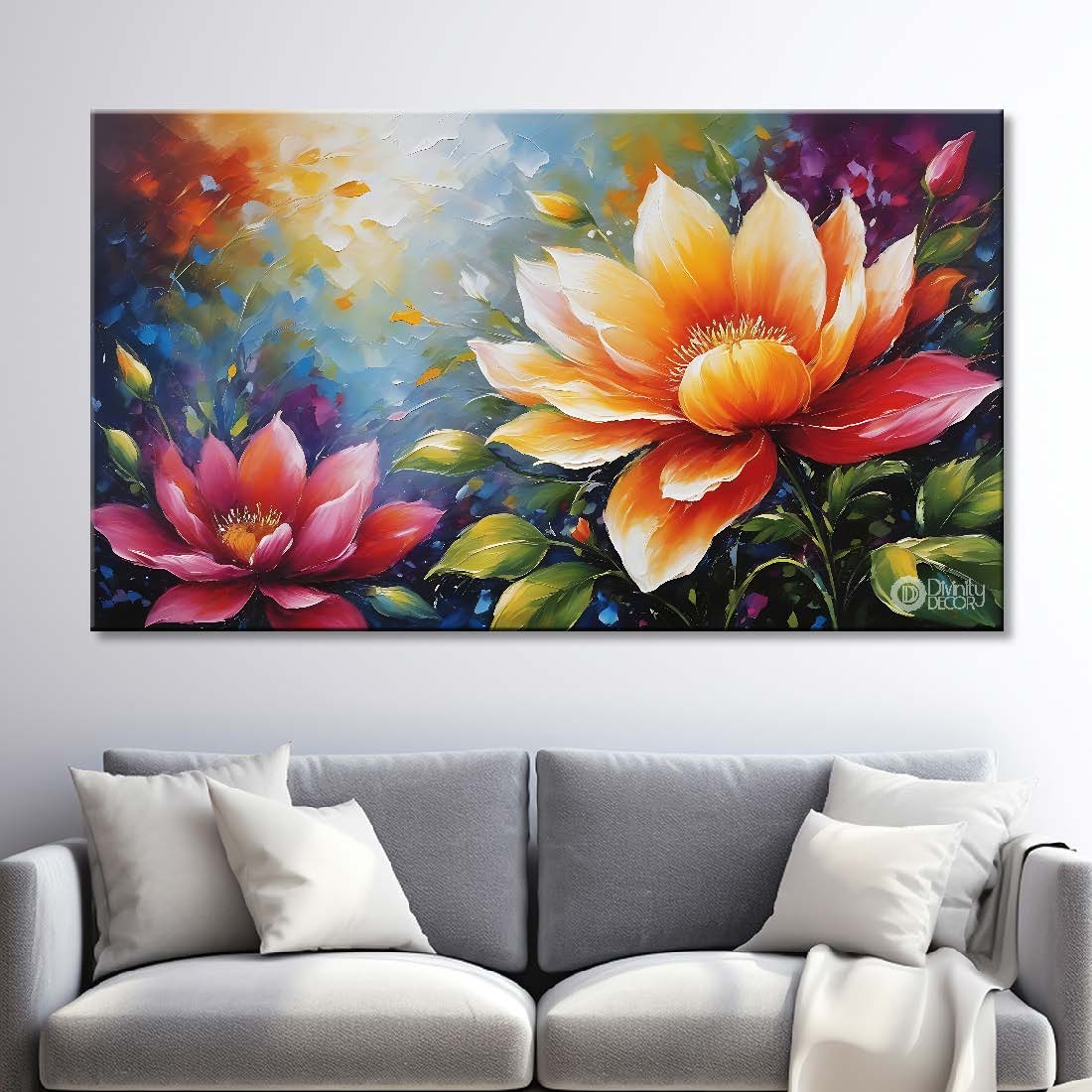 Yellow and pink flowers in blue background canvas painting- Flower-617