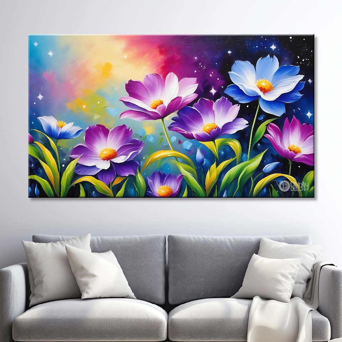 Purple flowers in colorful background canvas painting- Flower-618